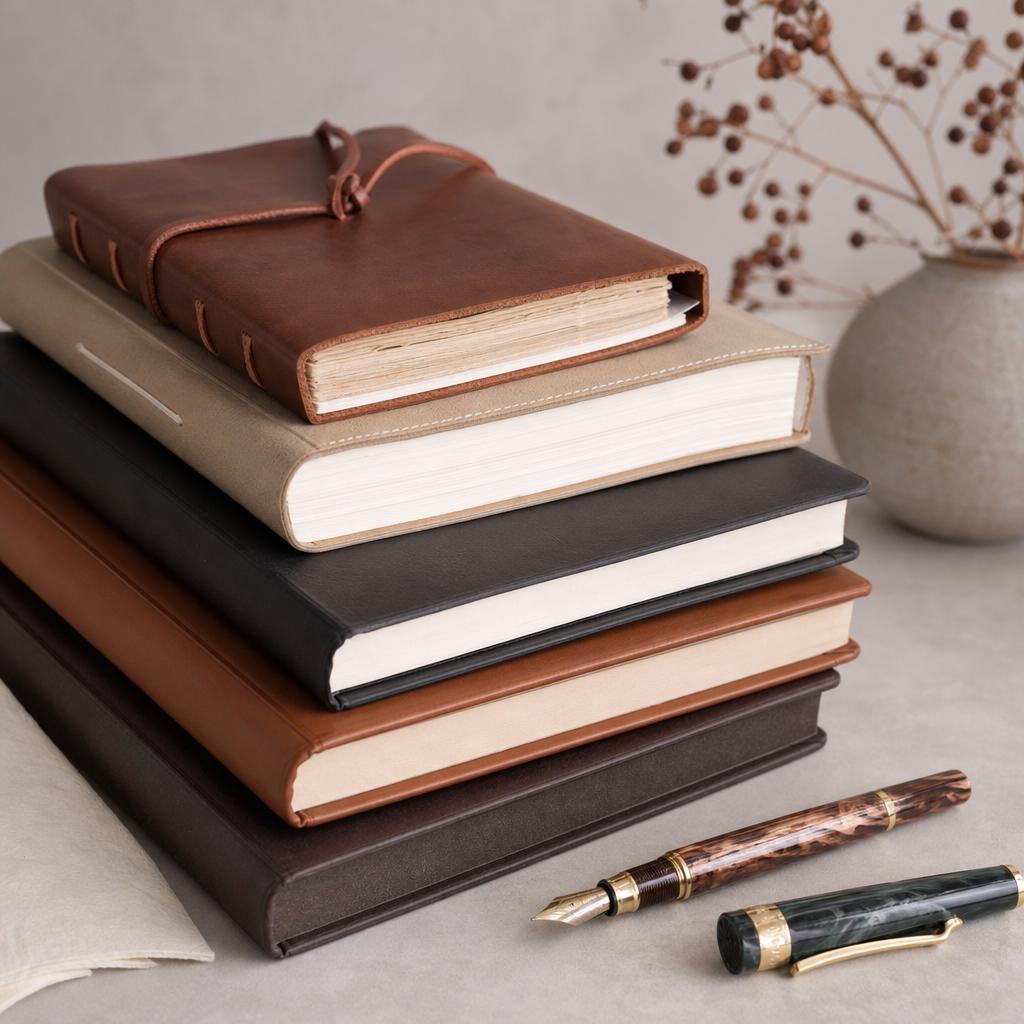 Stack of leather notebooks with fountain pens