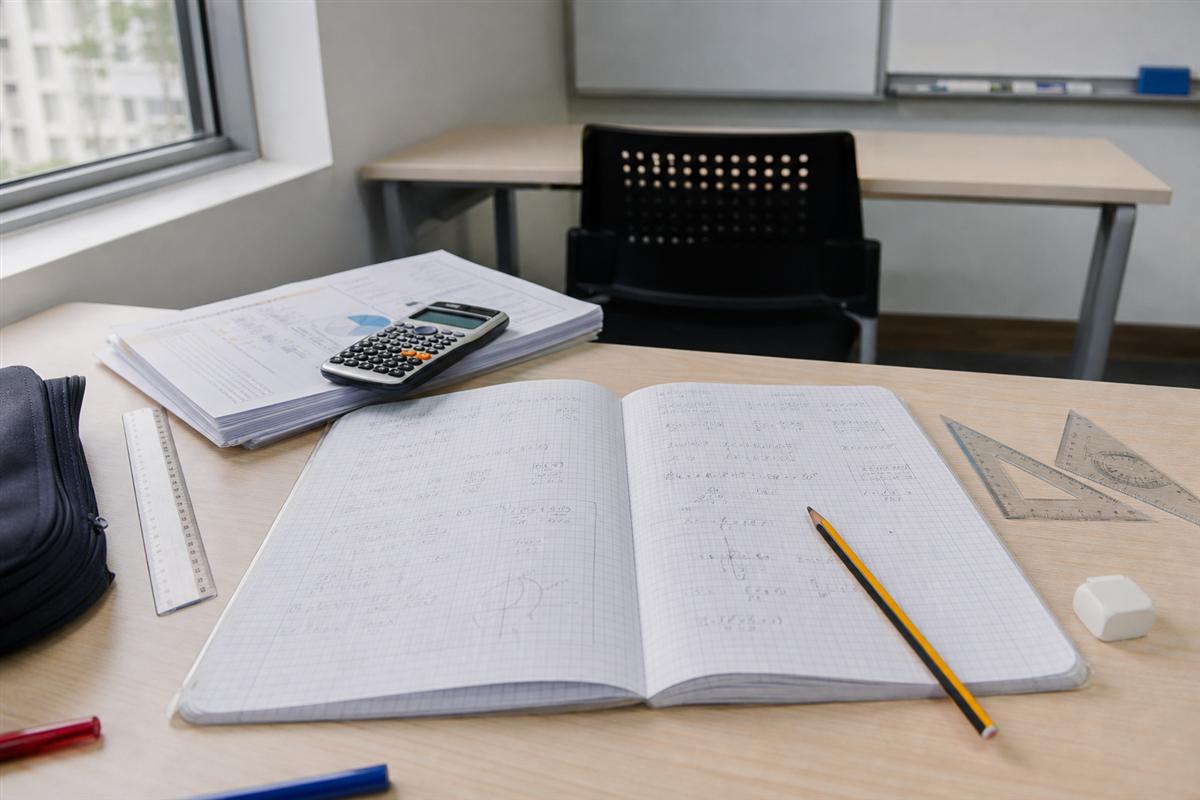 Notebooks open on a study desk